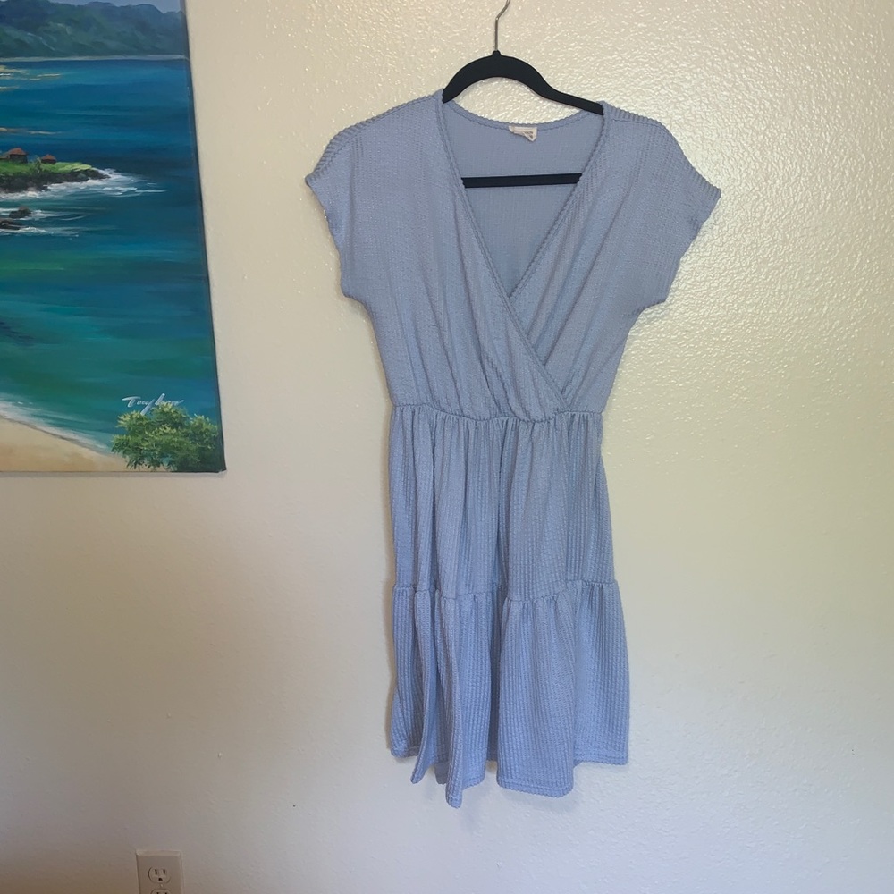 Blue ribbed v neck dress